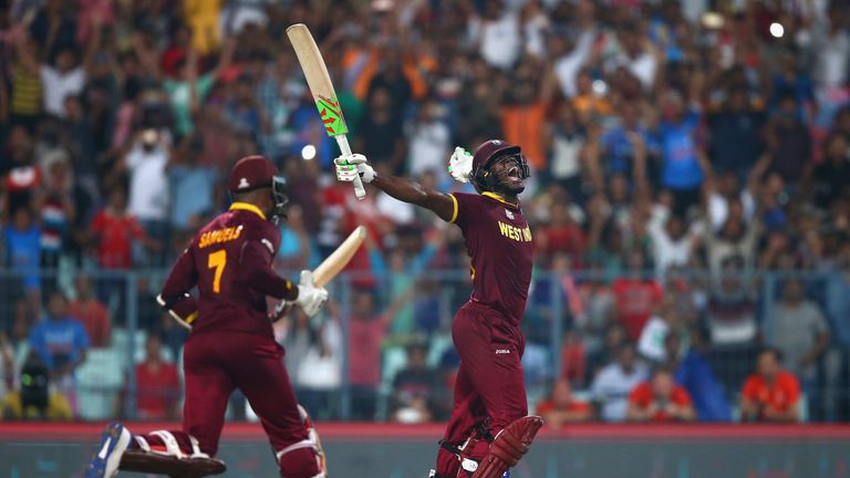 Carlos Brathwaite celebrates smashing West Indies to victory