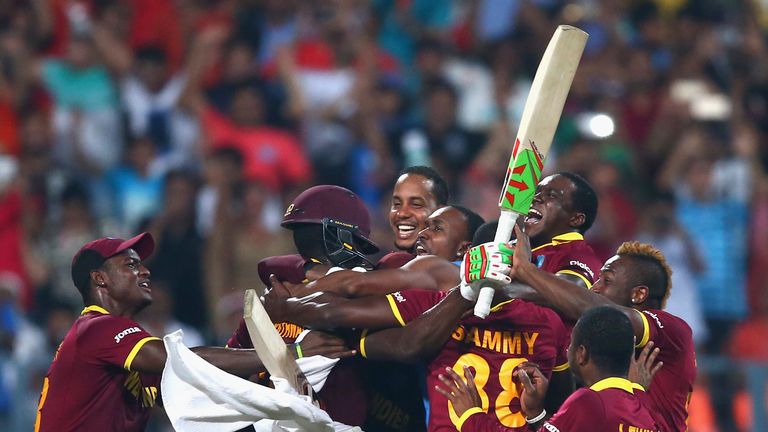 West Indies celebrate victory after Carlos Brathwaite hits the winning runs