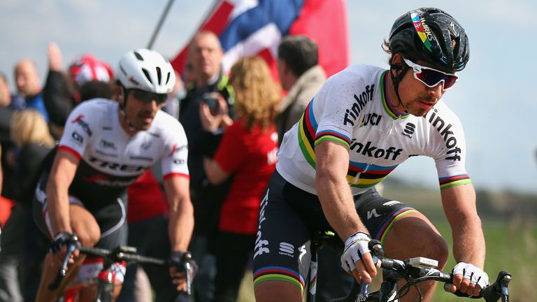 Peter Sagan (right) and Fabian Cancellara (left) were caught out by a split in the peloton with about 115km to go