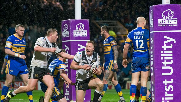 Chris Green celebrates scoring a try against Leeds