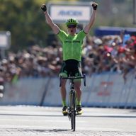 Ben King celebrates as he wins Stage Two of the Tour of California