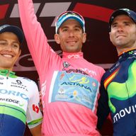 From left, Esteban Chaves, Vincenzo Nibali and Alejandro Valverde on the final Giro d'Italia podium