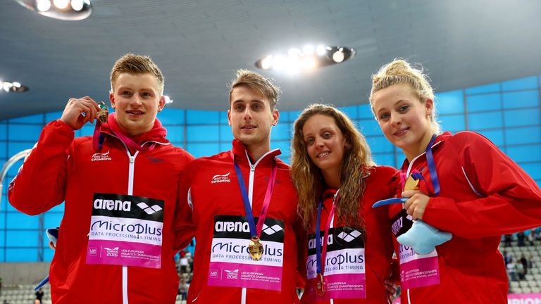 Halsall (second right) and current Scholar Siobhan-Marie O'Connor (right) enjoyed relay glory at the Euros