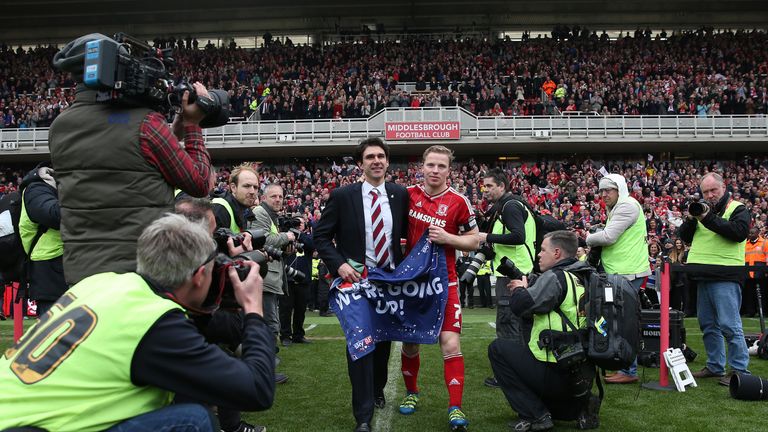 Aitor Karanka and Grant Leadbitter celebrate Middlesbrough's promotion to the Premier League