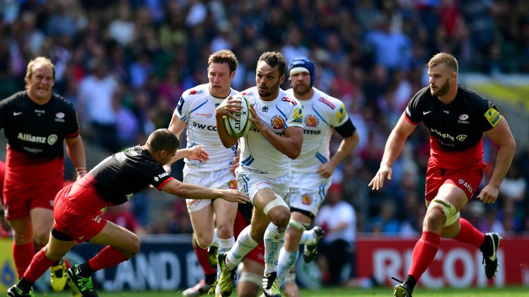 Phil Dollman of Exeter Chiefs atatcks the Saracens line