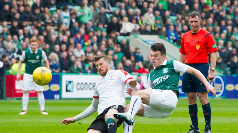 John McGinn (centre) scores Hibernian's first goal against Raith Rovers