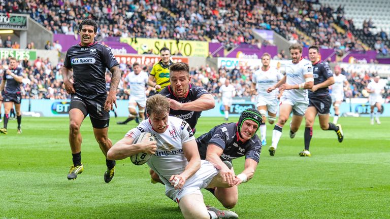 Andrew Trimble scores Ulster's third try against Ospreys