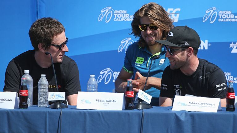 From left, Sir Bradley Wiggins, Peter Sagan and Mark Cavendish share a laugh at a press conference ahead of the Amgen Tour of California