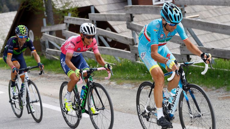 Nibali dropped previous leader Esteban Chaves (middle) on the penultimate climb of stage 20