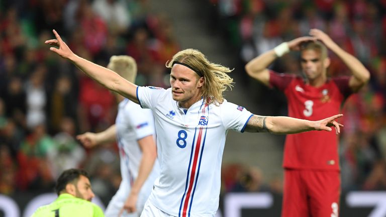 Iceland midfielder Birkir Bjarnason celebrates his equaliser in the 50th minute