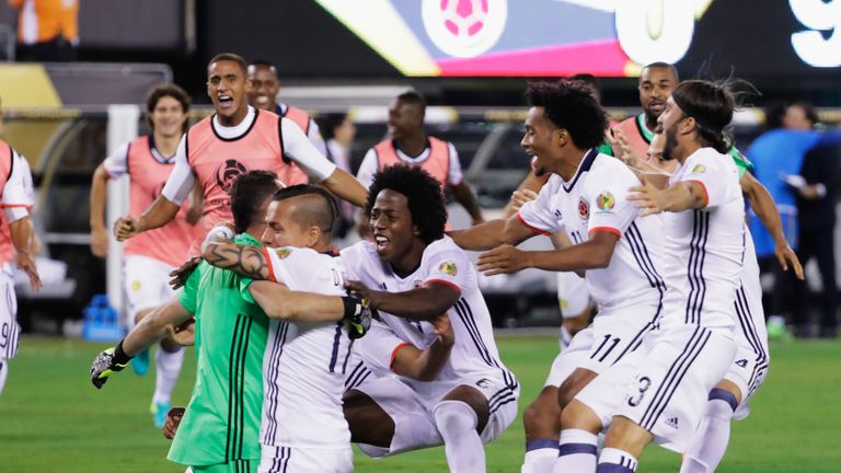 Colombia celebrate their shootout win against Peru in New Jersey