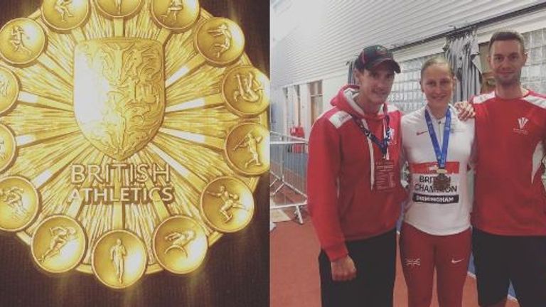 Holly Bradshaw shows off her medal and team after winning on Saturday