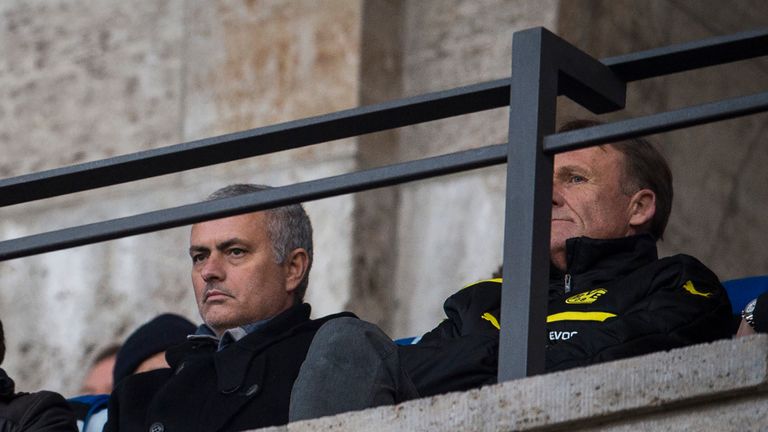 José Mourinho (L) watched Dortmund's clash with Hertha Berlin last season alongside CEO Hans-Joachim Watzke