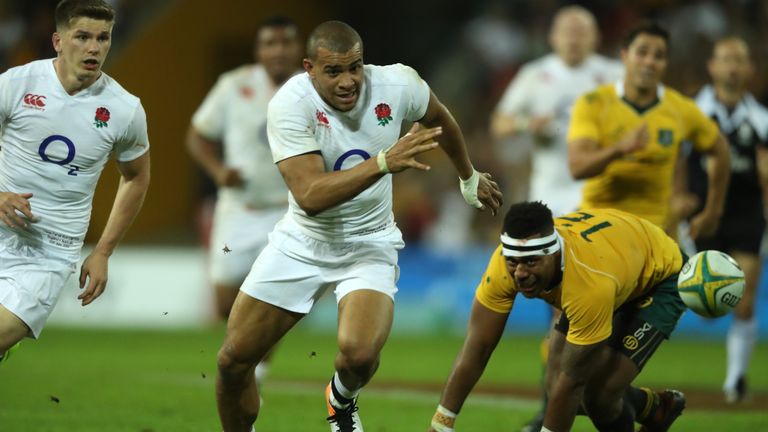  Jonathan Joseph pounces on the loose ball after a mistake by Samu Kerevi to score England's first try