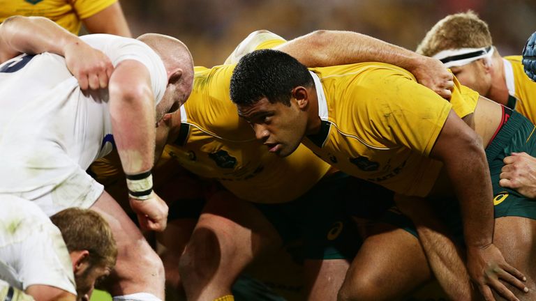 Scott Sio packs into the scrum against Dan Cole in Brisbane