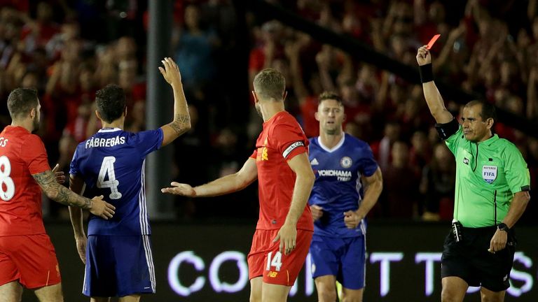 Chelsea's Fabregas was shown a red card on 72 minutes