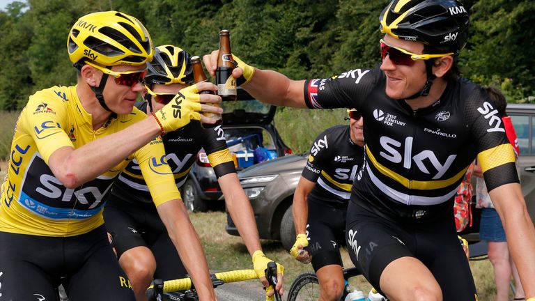 Froome, Geraint Thomas and the other Team Sky riders enjoyed a round of beers