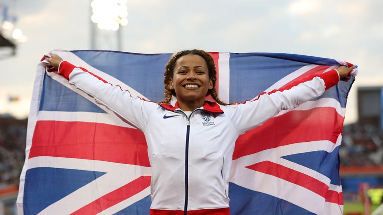 Jazmin Sawyers of Great Britain celebrates winning silver in the final of the womens long jump