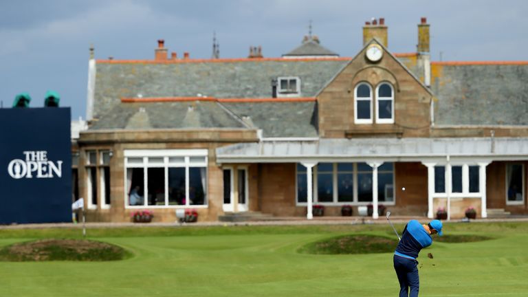 McIlroy hits a shot on the 18th hole during his practice round at Royal Troon on Tuesday