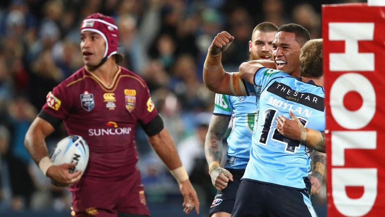 Tyson Frizell celebrates after scoring New South Wales' first try