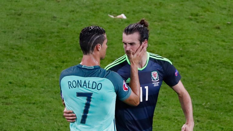Ronaldo and Bale greet each other after the end of the semi-final