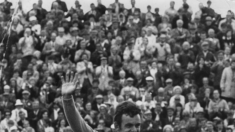 Tony Jacklin salutes the crowd at Royal Lytham after securing victory on the final green in 1969