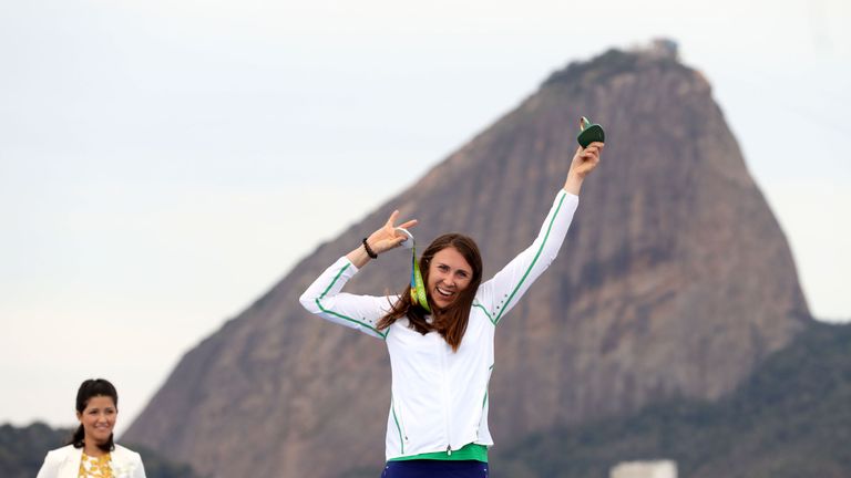 Annalise Murphy celebrates with her medal