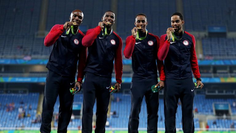 Arman Hall, Tony McQuay, Gil Roberts and Lashawn Merritt of the United States won the 4x400m relay