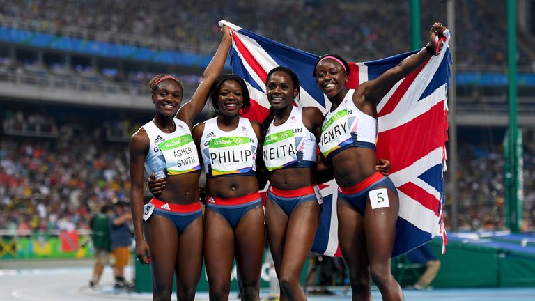 Dina Asher-Smith, Asha Philip, Daryll Neita and Desiree Henry celebrate their bronze medal performance