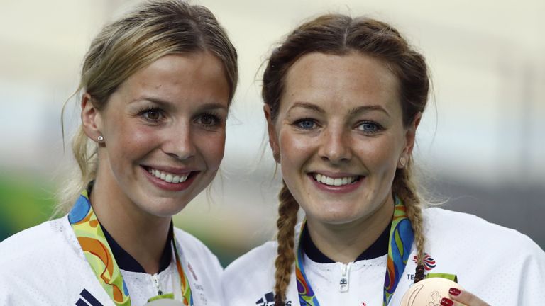 Becky James (L) and Katy Nicholls (R), pictured with her bronze medal from the 2016 Rio Olympics