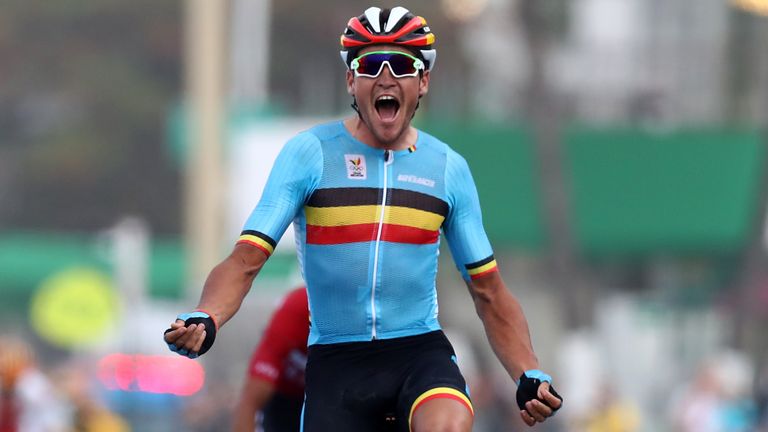Greg van Avermaet celebrates winning the Olympic road race