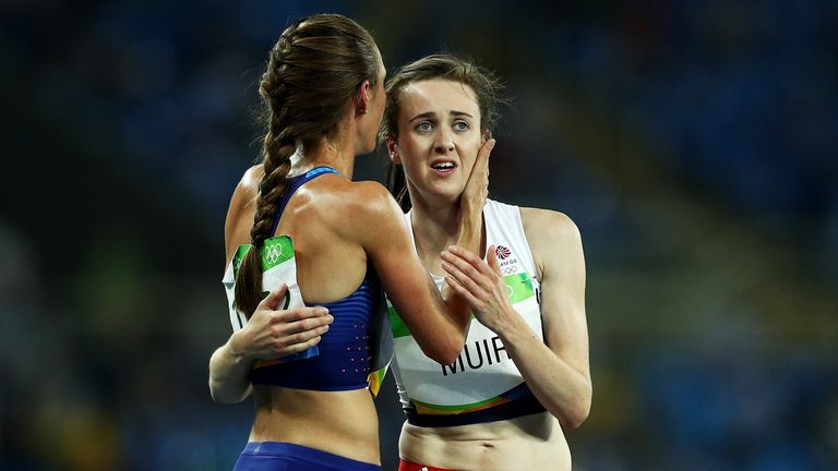 Muir is comforted after finishing seventh in the final