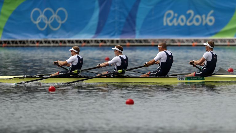 Alex Gregory, Mohamed Sbihi, George Nash and Constantine Louloudis of Great Britain win gold in the coxless fours