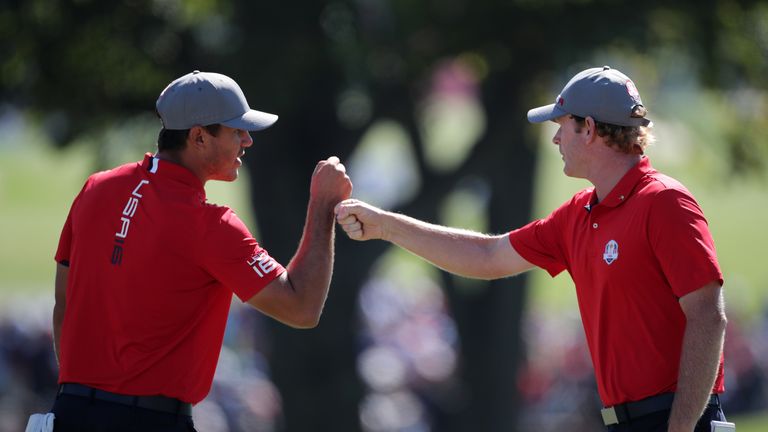 Koepka (L) picked up three points on his Ryder Cup debut