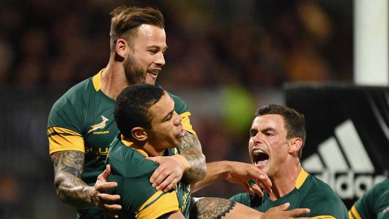 Bryan Habana celebrates after scoring the opening try in Christchurch