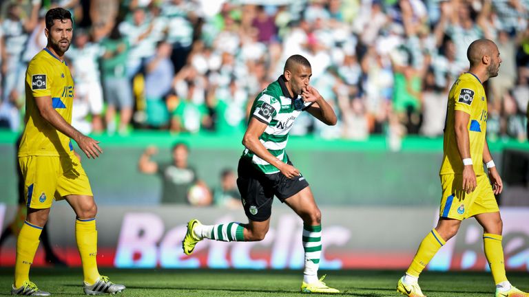 Slimani celebrates after scoring his last goal for Sporting against Porto