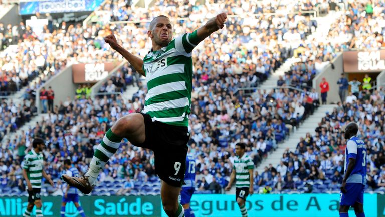 Slimani celebrates a goal at the Dragao stadium in Porto in April 2016