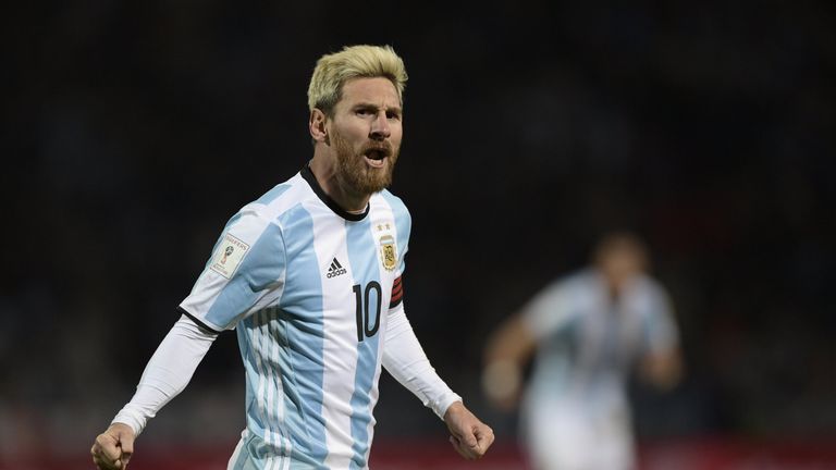 Lionel Messi celebrates after scoring against Uruguay