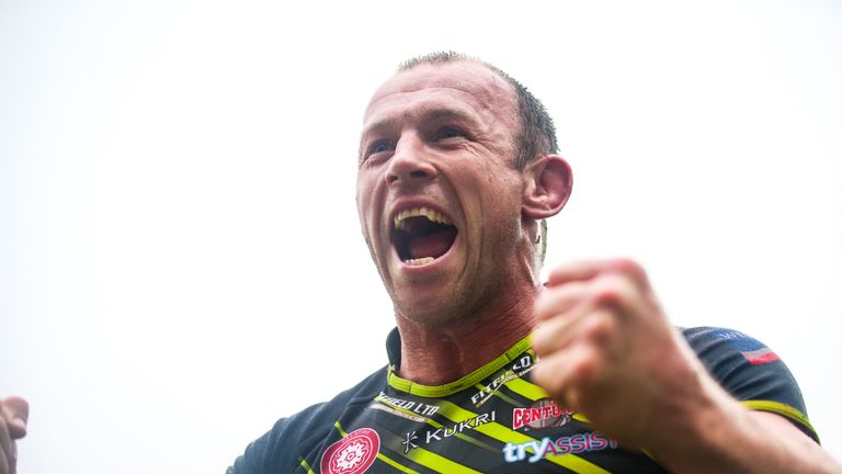 Leigh's Mickey Higham celebrates the win over Hull KR