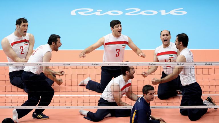 The team of Iran celebrates during the Sitting Volleyball Final mach against Bosnia and Herzegovina 