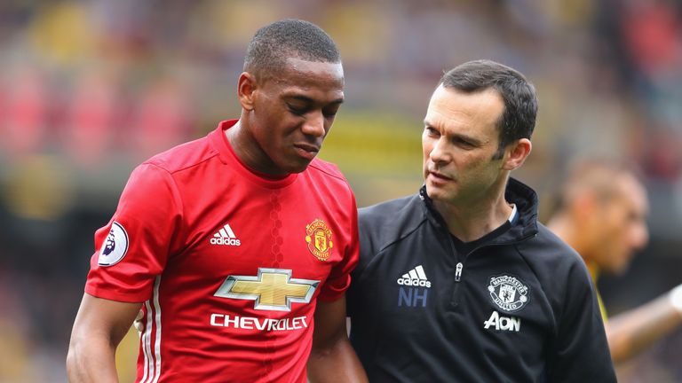 Martial clashed heads with Watford's Daryl Janmaat