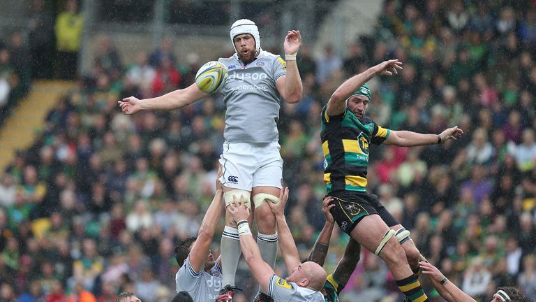 Dave Attwood beats Northampton's Michael Paterson at the lineout