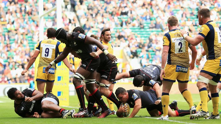 England hooker Jamie George scores Saracens' first try