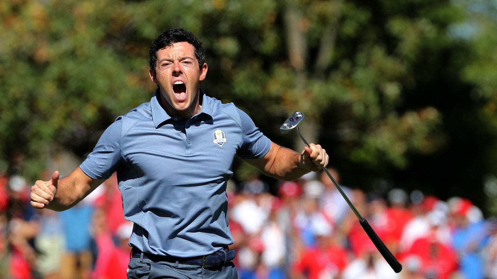 Ryder Cup Rory McIlroy holes out from 80feet and his celebration is