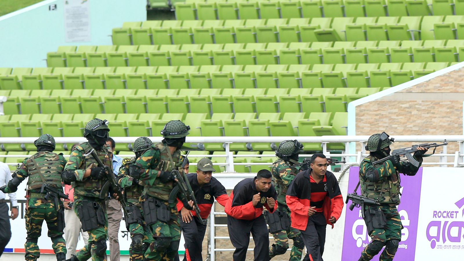 Bangladeshi army stage 'siege and rescue drill' at Dhaka cricket ground