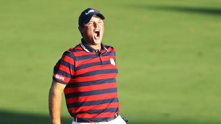 Patrick Reed of the United States reacts on the 15th green during afternoon fourball matches of the 2016 Ryder Cup at Hazeltine