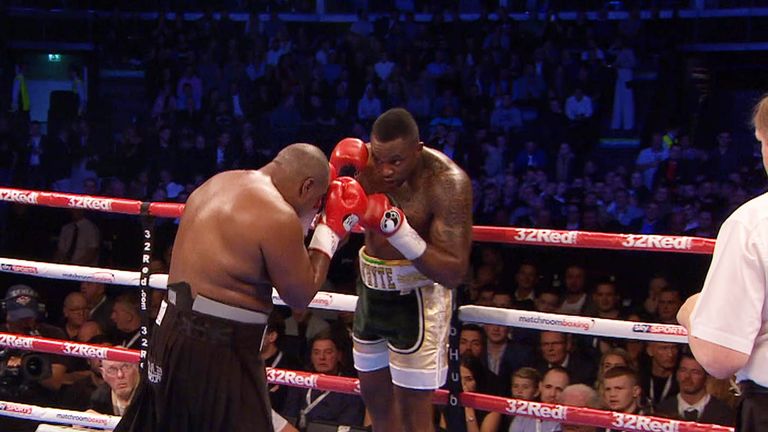 Dillian Whyte sits on his ropes as Lewison marches forward