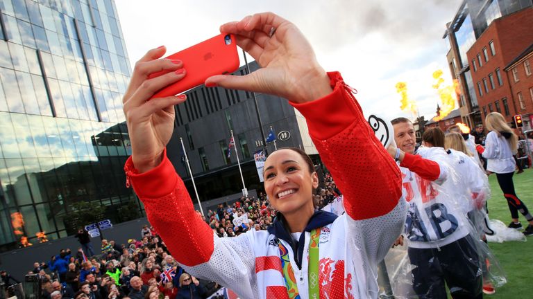Jessica Ennis-Hill takes a selfie during the Rio 2016 Victory Parade in Manchester