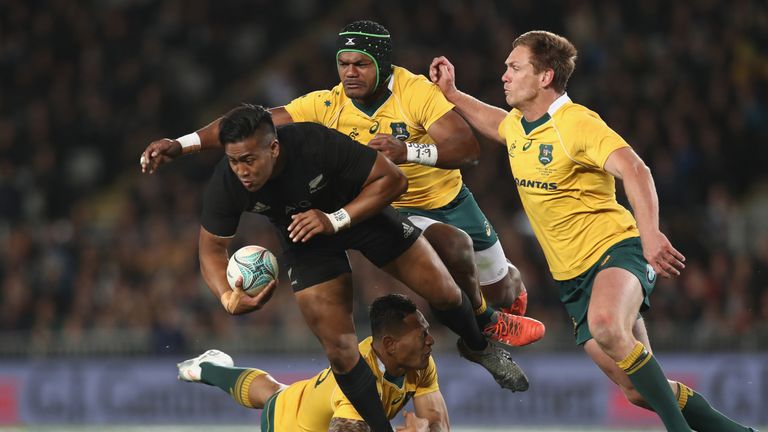 Julian Savea of the All Blacks is tackled during the Bledisloe Cup clash against Australia