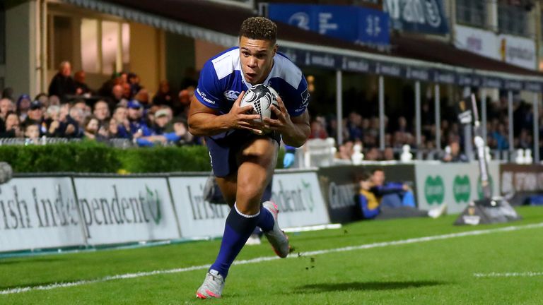 Adam Byrne scoring one of Leinster's second half tries 